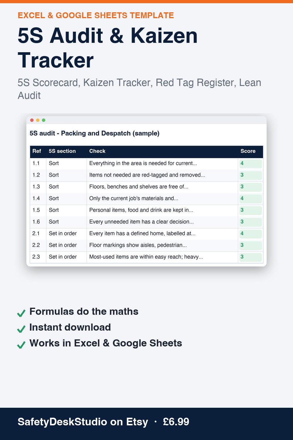5S Audit & Kaizen Tracker | Excel & Google Sheets Template