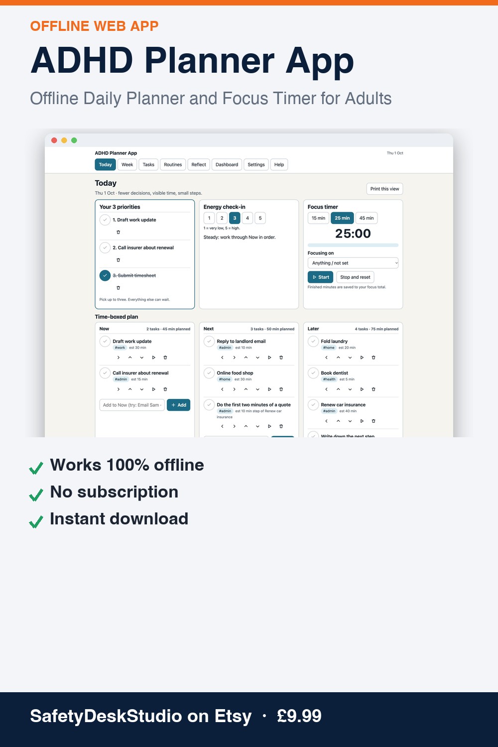 ADHD Planner App | Offline Web App