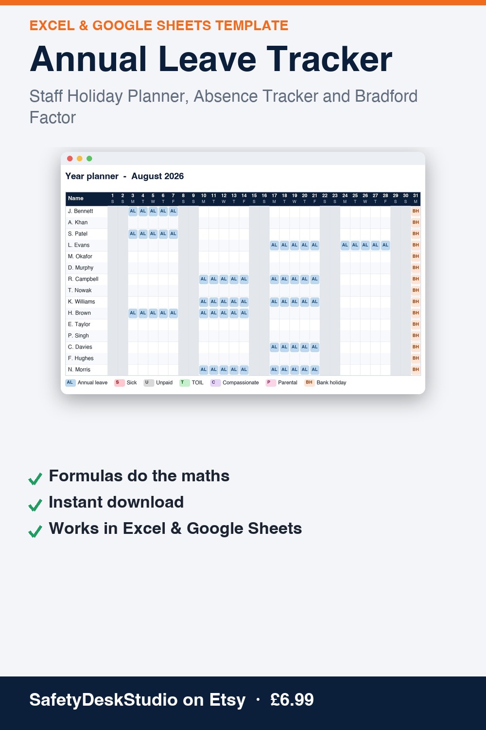 Annual Leave Tracker — Excel & Google Sheets template (SafetyDeskStudio)
