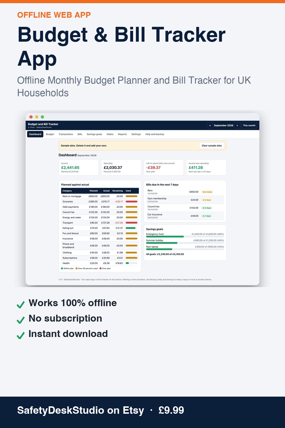 Budget & Bill Tracker App | Offline Web App