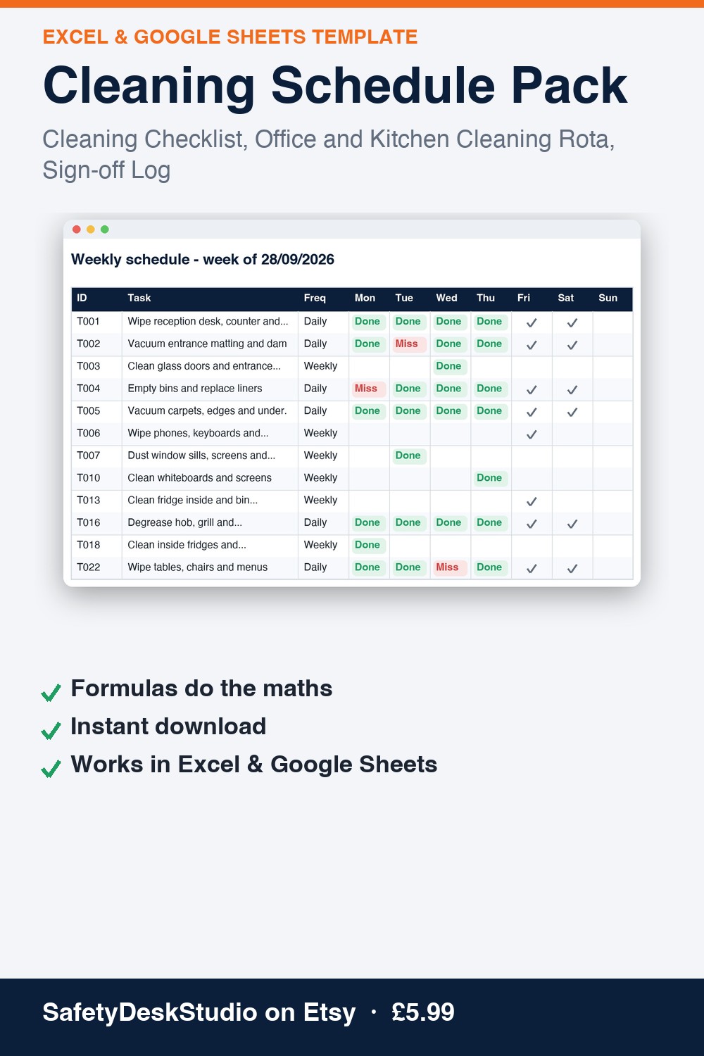 Cleaning Schedule Pack | Excel & Google Sheets Template