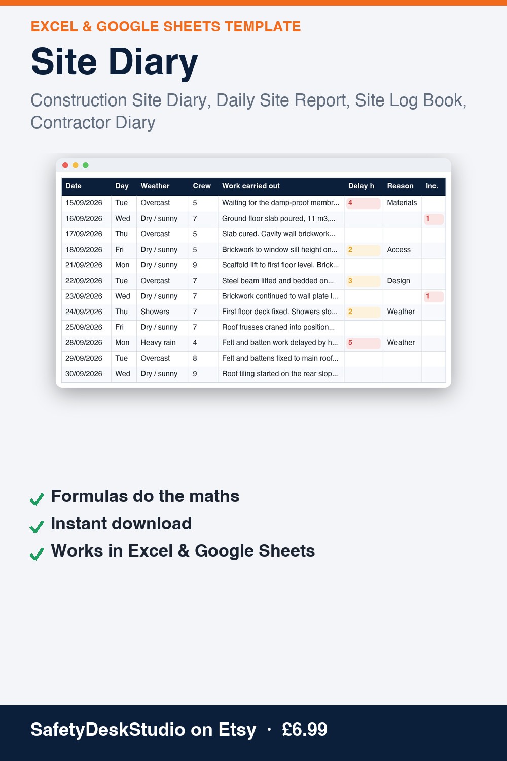 Site Diary — Excel & Google Sheets template (SafetyDeskStudio)