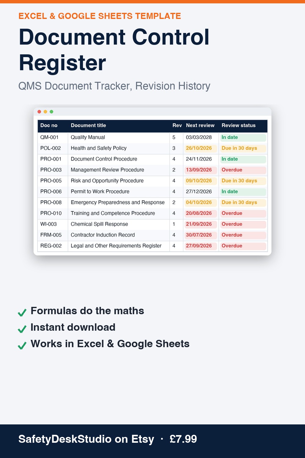 Document Control Register — Excel & Google Sheets template (SafetyDeskStudio)