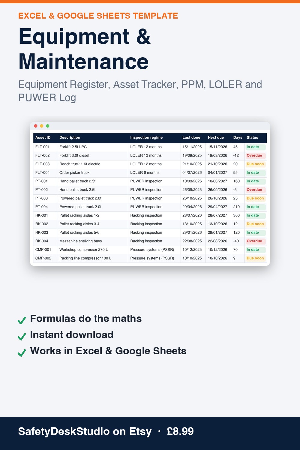 Equipment & Maintenance — Excel & Google Sheets template (SafetyDeskStudio)