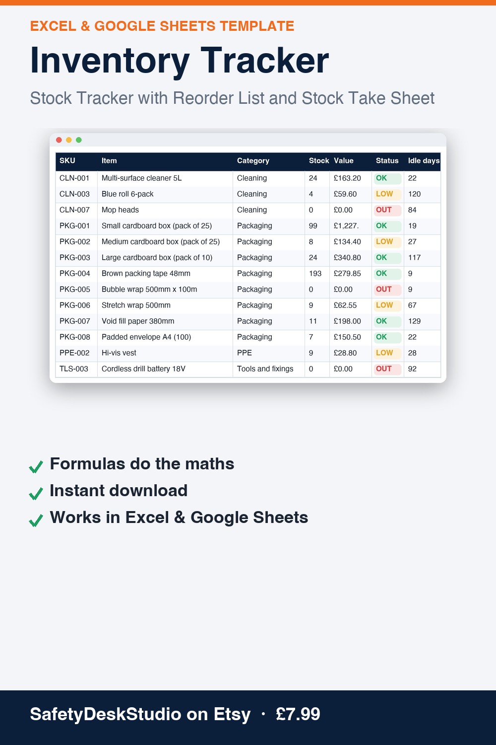 Inventory Tracker — Excel & Google Sheets template (SafetyDeskStudio)