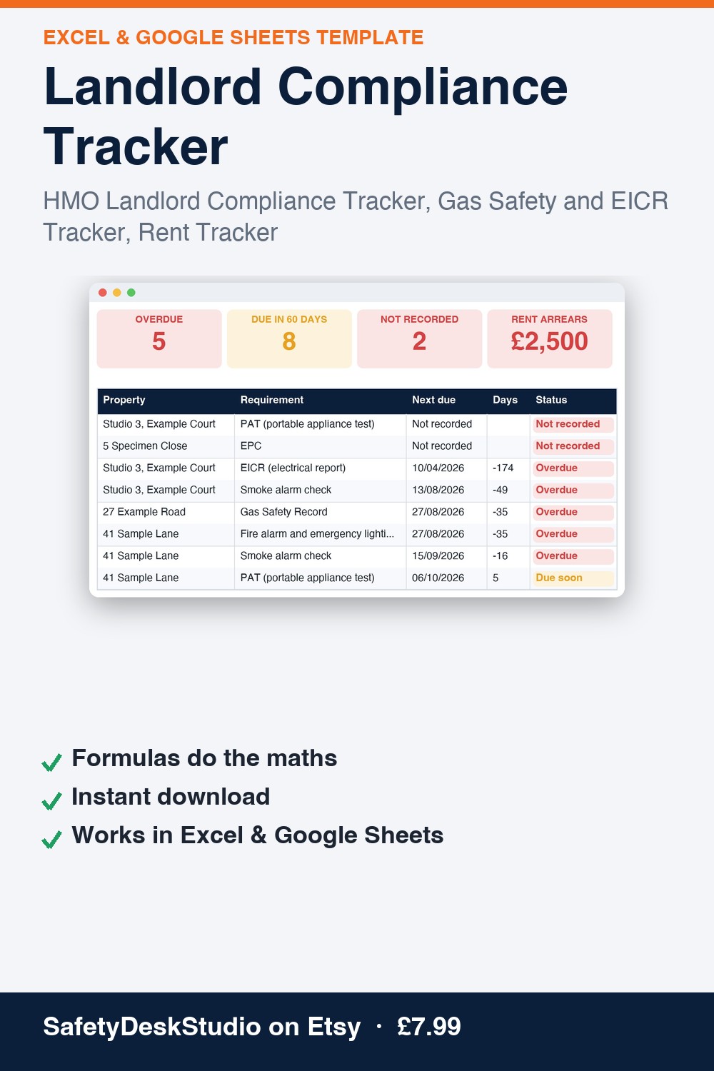 Landlord Compliance Tracker — Excel & Google Sheets template (SafetyDeskStudio)