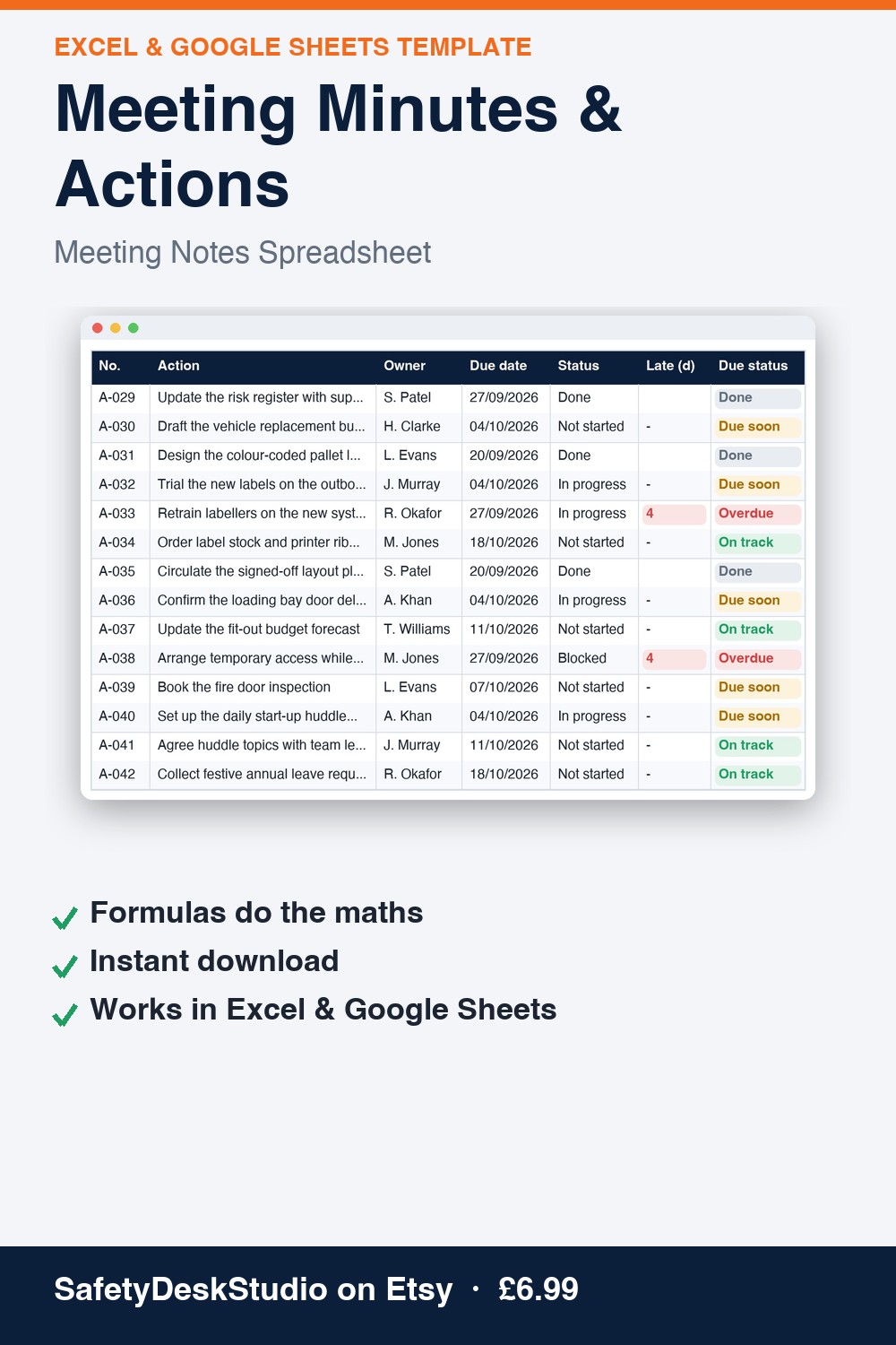 Meeting Minutes & Actions | Excel & Google Sheets Template