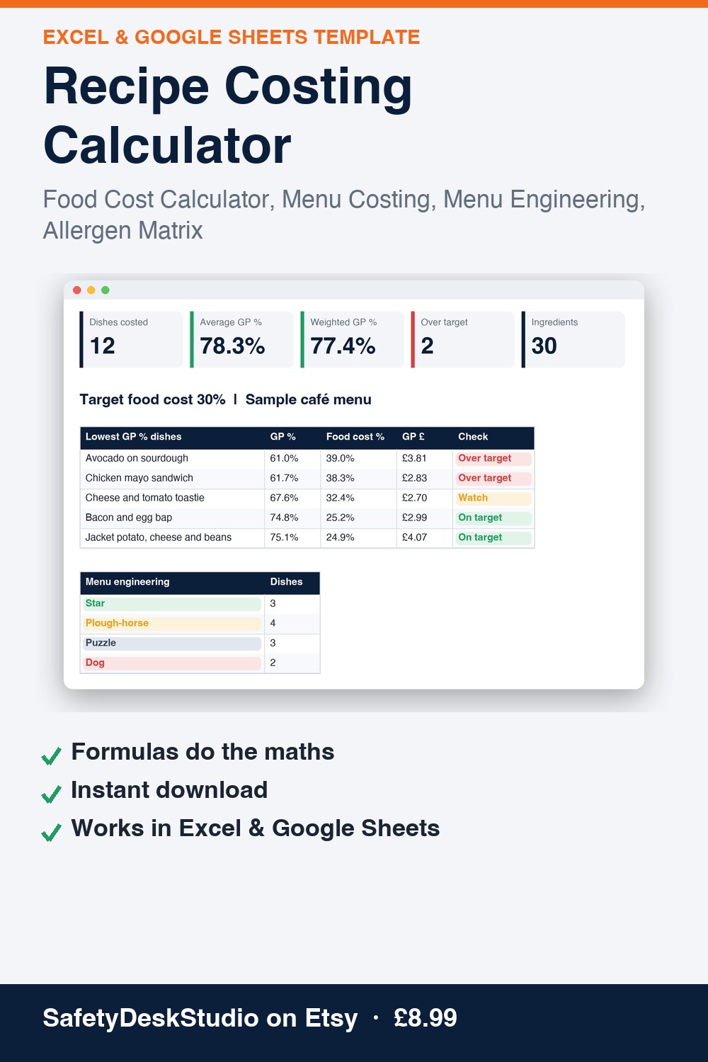 Recipe Costing Calculator | Excel & Google Sheets Template