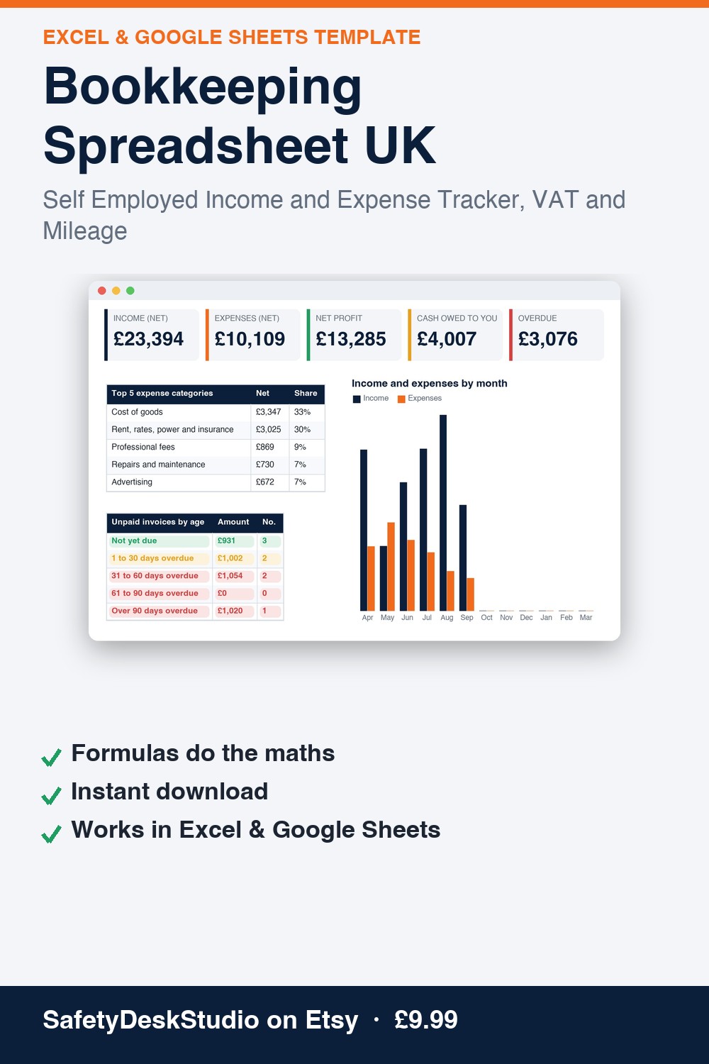 Bookkeeping Spreadsheet UK — Excel & Google Sheets template (SafetyDeskStudio)