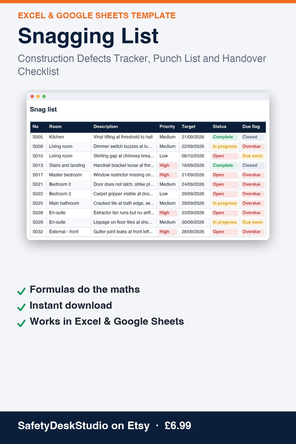 Snagging List — Excel & Google Sheets template (SafetyDeskStudio)