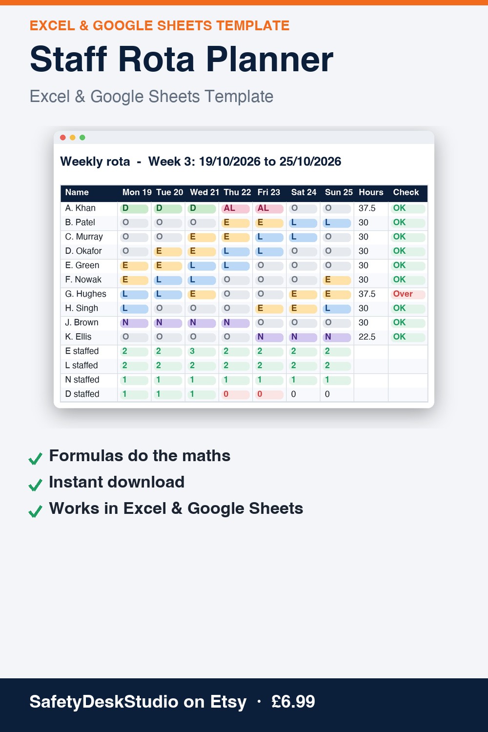 Staff Rota Planner — Excel & Google Sheets template (SafetyDeskStudio)
