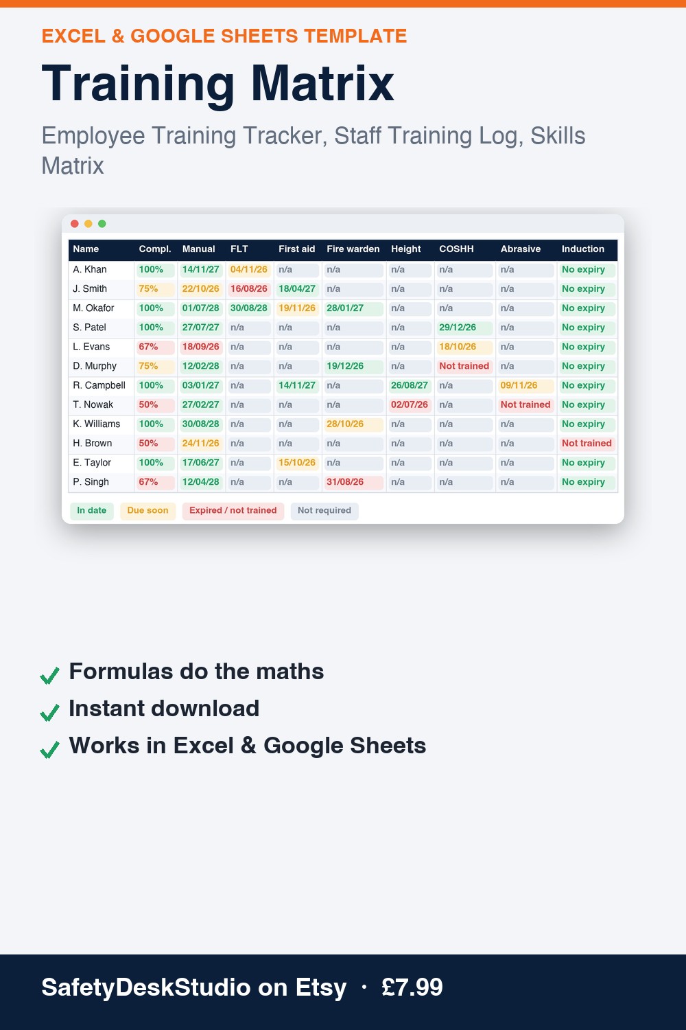 Training Matrix — Excel & Google Sheets template (SafetyDeskStudio)